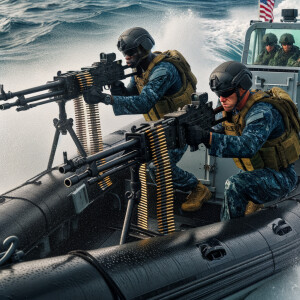 Two United States Navy sailors in battle gear, Manning, 250 caliber machine guns on front of a Navy seal boat. They are shooting in the water and going fast in the boat.