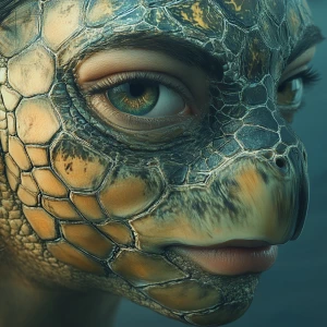 A woman's face transforming into a turtle's snout