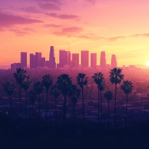 Create an image of a stunning Los Angeles cityscape at sunset, h...