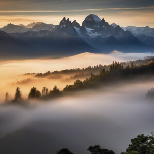 Towering mountains shrouded in a veil of smoky mist
