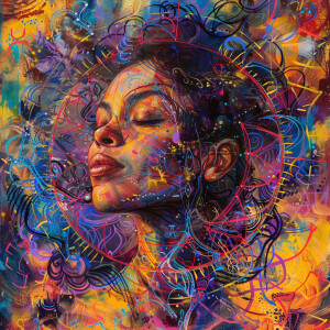 Abstract Expressionist portrait of a woman, her features merging...