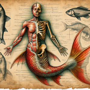 A mermaid anatomy sketch, showing the skeletal system with a hum...