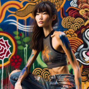 Very thin Athletic Thin skinny Attractive, Asian teenage girl, long brown hair and bangs, wearing tight skinny jeans and a halter top paint marks on her clothing, sitting side view heroic pose Asian graffiti