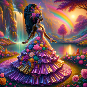 Remix Prompt
S/O Jackie Torres
S/O Panda Locke

create a animated style hyper realistic airbrush whimsical oil painting of a light African American woman wearing a flawless beautiful purple, pink, and gold blossom dress long flowing with colorful flowers and ruffles on the dress colorful jewelry made of flowers she has long black dreadlocks in a bun a colorful rose in her hair her peep toe shoes is matching her dress behind her is a beautiful waterfall liquid glowing lights beautiful colorful rainbow surrounded by beautiful roses.