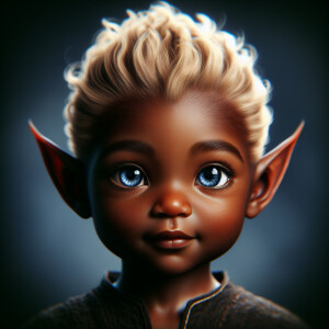 An elven baby with dark brown skin, blue eyes, and light blonde...