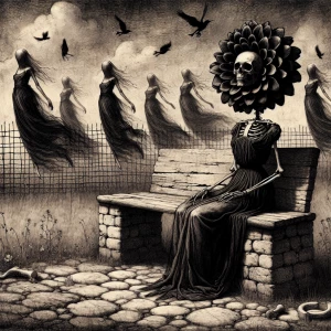 A skeleton with a large black dahlia for a head is sitting on an...