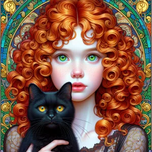 A hiper-realistic image of redhed curly girl with black cat .
Ba...