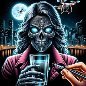A detailed illustration of an evil skull-faced woman with glowin...
