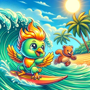 create cartoon-style baby Phoenix surfer riding a wave in vibran...