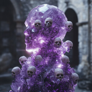 A spooky humanoid figure made of glistening amethyst crystal, de...