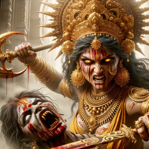 portrait of angry looking goddess durga pinning a weak mahishasur to the ground and stabbing him with her amazingly designed trident. She is wearing gold armor, a huge gold crown, gold saree, abundant  gold jewelry, covered in blood. The scene is set in ancient India. The image is 8K resolution, photography, cinematic, ultra detailed face and epic