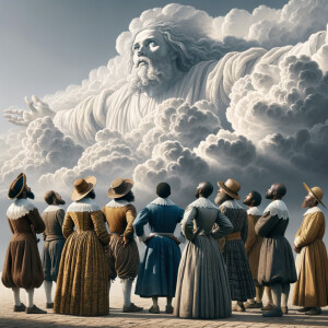 Slaves from the 1600s looking up at a cloud formation, the cloud...