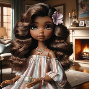 Create an image of a stylized, Latino brown skin doll-like girl...