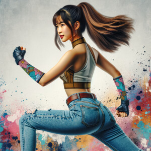 Attractive, Asian teenage girl, long brown hair and bangs, wearing tight skinny jeans and a halter top paint marks on her clothing, backside view heroic pose Asian graffiti