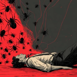 Man in 50s laying on the floor with a black and red spider and a...