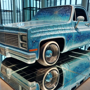 Envision a lowrider truck crafted from cracked porcelain, magpie...