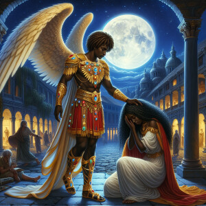 Create an oil painting image featuring a male angel and a grievi...