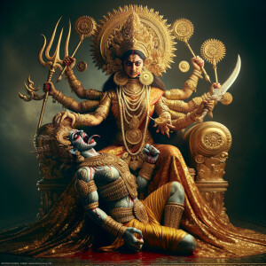 portrait of angry looking goddess durga sitting on a gold crown and carrying a weak mahishasur on her lap and stabbing him with her amazingly long fingernails. She is wearing gold armor, a huge gold crown, gold saree, abundant  gold jewelry, covered in blood. The scene is set in ancient India. The image is 8K resolution, photography, cinematic, ultra detailed face and epic