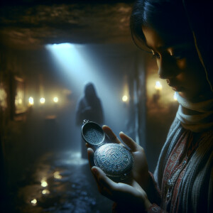 The girl stands in a dark gloomy basement and finds a locket wit...