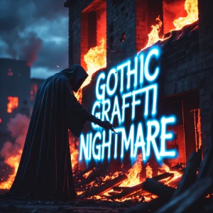 "Imagine a sinister being, cloaked in shadow, poised before a burning building, flames casting an eerie glow against the night sky. With deliberate, ghostly grace, it spray-paints the words 'Gothic Graffiti NIGHTMARE' in pulsating neon blue across the crumbling facade. The letters sizzle ominously, juxtaposed against the angry reds and oranges of the inferno. This spectral figure, shrouded in mystery and darkness, embodies chaos and creativity, leaving a chilling, unforgettable mark as the world around it burns."