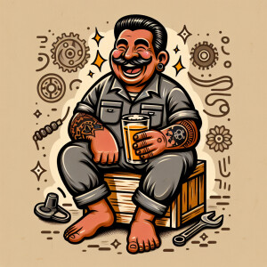 Cartoonish mechanic in grey coveralls drinking a beer in an old...