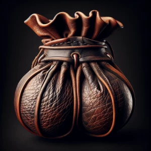 A leather pouch which has formed around the shape of 2 spheres.