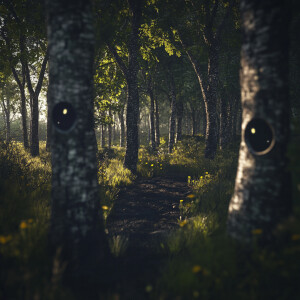 a serene forest scene at twilight, but with a twist: the trees h...