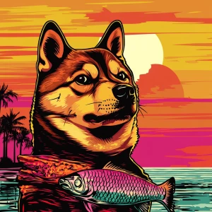 MEME DOGE in GTA art style — With fish — in the style of a Grand...