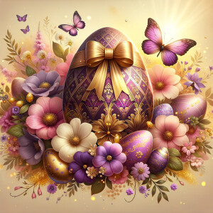 A luxurious and ornate Easter-themed image featuring a large cen...