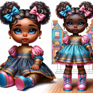 Design a 3-D realistic original African-American Cabbage Patch doll. She has on a blue pink and gold dress with matching booties. She has pink and blue bows in her hair. she lives inside of a colorful dollhouse. She has freckles and big dimples.