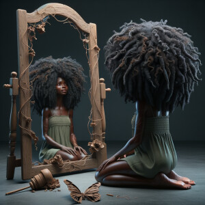 Create a 3-D realistic beautiful African-American  women with thick curly black hair
Looking at herself in the mirror, but the reflection she sees is a child, and she is no longer beautiful. She is ugly with scars. There is a fallen butterfly.