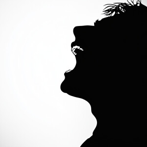 Create a black silhouette of a side profile picture someone yell...
