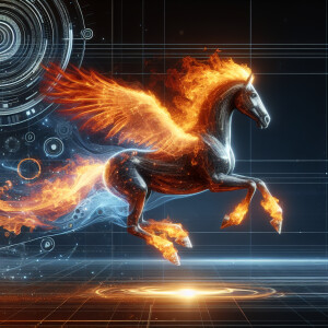 Pegasus on fire, running strong. Computerized galloping