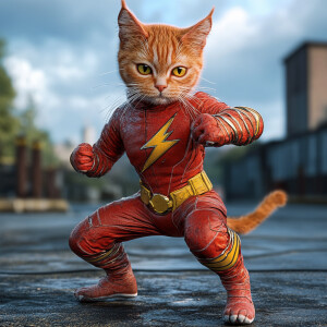 An anthropomorphic cat dressed in a fitted flash costume,  strik...
