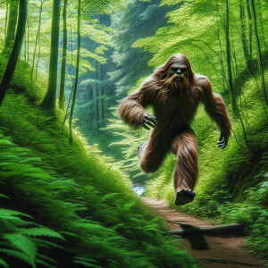 Generate an image of a humanoid Sasquatch with thick fur sprinti...