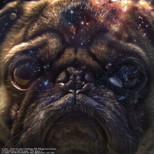 "A close-up headshot of a pug's face, filling most of the frame,...