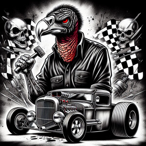 Zombie Vinny the turkey Vulture wearing a button down mechanic s...