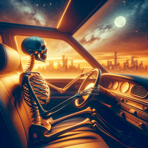 A skeleton driving in a car at night