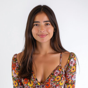 A cute woman

Californian

Smiling 

Clothes: Floral Dress

Look...
