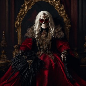 full length of an skeletal king slightly red eyes long white hai...