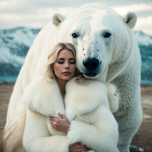 A serene woman hugging a large white polar bear in a peaceful em...