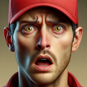Create a hyper-realistic image of a man wearing a red baseball c...