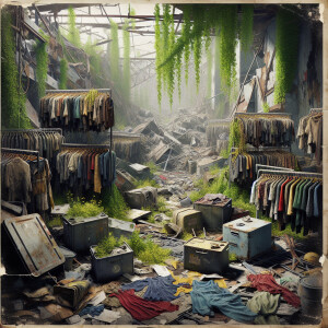 a poster of a clothing store, clothes are hung everywhere, metal...