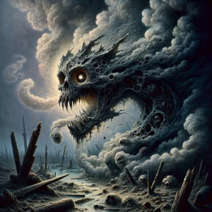 "Illustrate an eerie, sinister Dragon emerging from a swirling mass of toxic fumes. The Dragon's form is barely solid, its features constantly shifting and reforming within the dense, suffocating smoke. Its face, distorted and grotesque, peers out from the fumes with hollow, empty eyes that glimmer with malevolent intent. The mouth, filled with jagged, smoke-formed teeth, stretches into a macabre grin that seems to float and twist in the toxic haze.

The rest of the Dragon's body is an ethereal blend of noxious gases, with appendages elongating and curling like tendrils of poisonous vapor. Around it, the environment is bleak and barren, with twisted remnants of dead vegetation and decrepit, rusted swords half-buried in the ground. The air is thick and acrid, giving off an unsettling, chemical glow that casts eerie shadows.

Stray tendrils of fume slither across the ground, reaching out like ghostly fingers toward any living thing that comes near. The overall color palette should be muted and dark, with sickly blues, crimson, and blacks dominating the scene, to enhance the toxic and foreboding atmosphere. 

This visual blend of smoke and sinister Dragon should elicit a sense of dread and unease, making it both fascinating and horrifying."