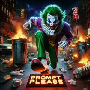 hyperrealistic Image of The Joker stepping on a sign that says[P...