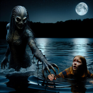 A scary Mermaid pulls a girl by the hand into the lake