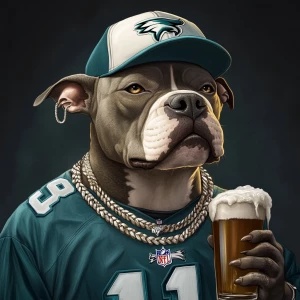 Create an image of a pit bull wearing a white gold chain and a Philadelphia Eagles  cap and football jersey. He is also holding a beer