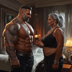 realism art style 1:1 .A sweaty muscular man talking with his 54...
