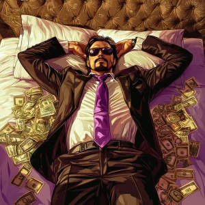 Create an image of a character lying on a luxurious bed in a lav...