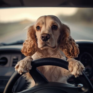 Cream Cocker spaniel behind steering wheel in car driving car. Dog holding onto steering wheel driving down road View of front of car . Dig looking out front window. Hood of . View outside of car